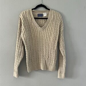 Pendleton Cable Knit V Neck Sweater Beige Women's Size M Preppy Timeless Coastal